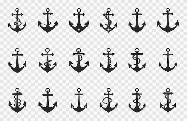 Conjunto de silueta de ancla vectorial negra Conjunto del símbolo del ancla de mar Conjunto