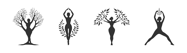 Conjunto de silueta de árbol de mujer ilustración vectorial