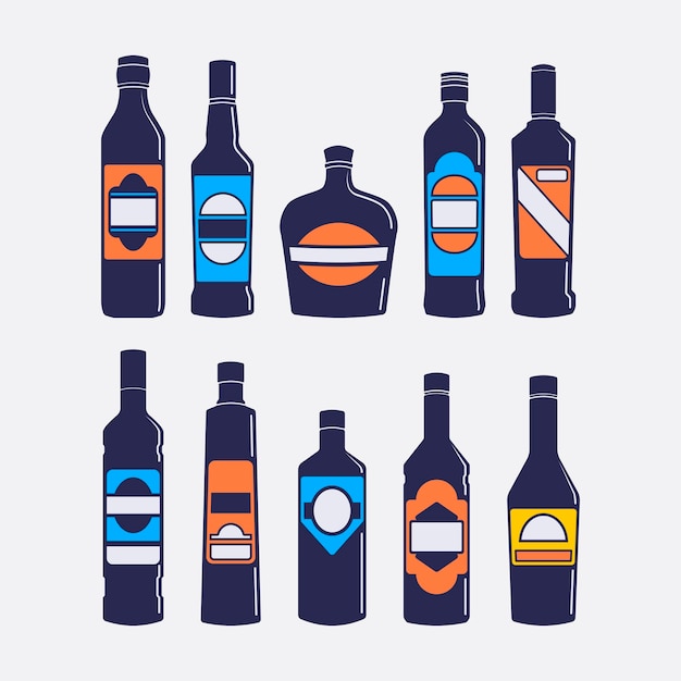 Vector conjunto de silueta de botella de vino plana