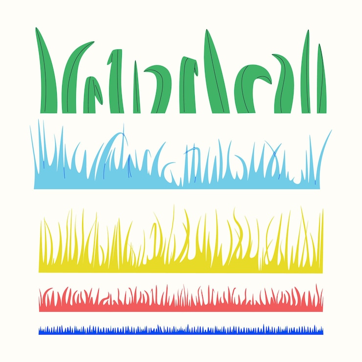 Vector conjunto de silueta de césped de dibujos animados hojas decorativas jardín césped