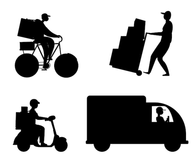 conjunto de silueta de concepto de prestación de servicios por camión scooter bicicleta y hombre cajas de movimiento