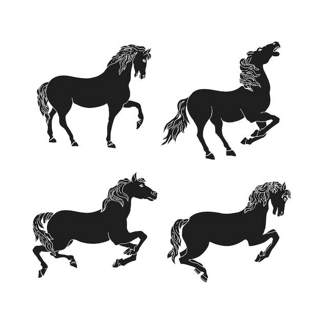 Un conjunto de silueta de cuatro caballos. Posturas dinámicas. Arte lineal. Objetos aislados sobre fondo blanco