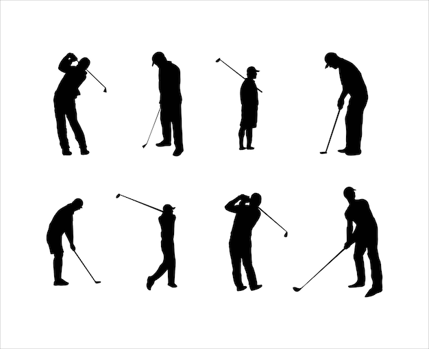 Vector conjunto, de, silueta, hombre, golf, jugador, vector
