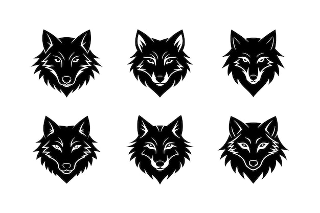 Conjunto de la silueta del icono de la cabeza del lobo en fondo blanco