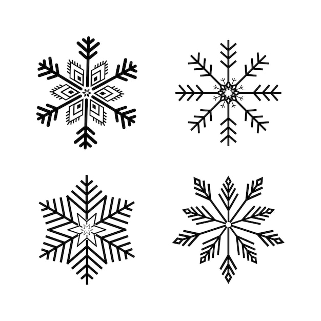 Conjunto de silueta de icono de copos de nieve negro aislado sobre fondo blanco.