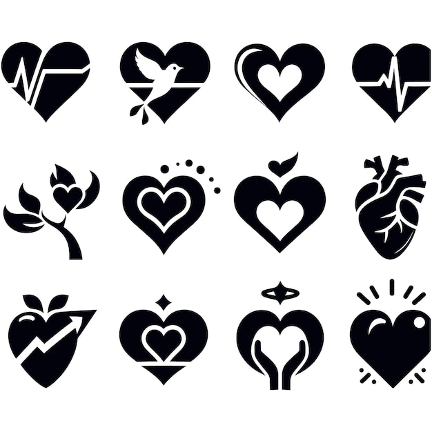 Conjunto de la silueta de los iconos de la ilustración del vector del corazón
