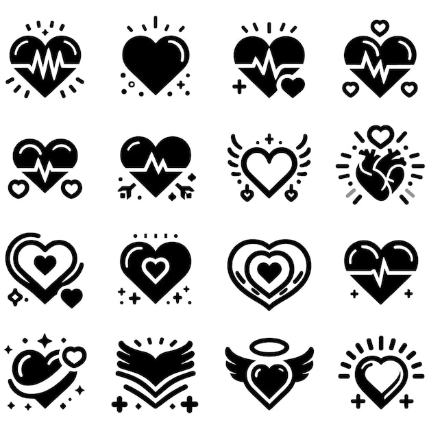 Conjunto de la silueta de los iconos de la ilustración del vector del corazón