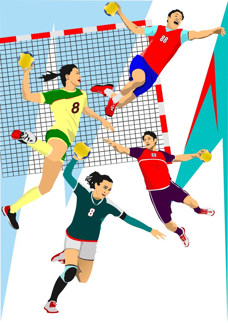 Vector conjunto de silueta de jugador de balonmano en ejercicio ilustración vectorial en color 3d dibujada a mano