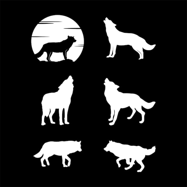 Vector conjunto de silueta de lobo lobos aullan en luna llena