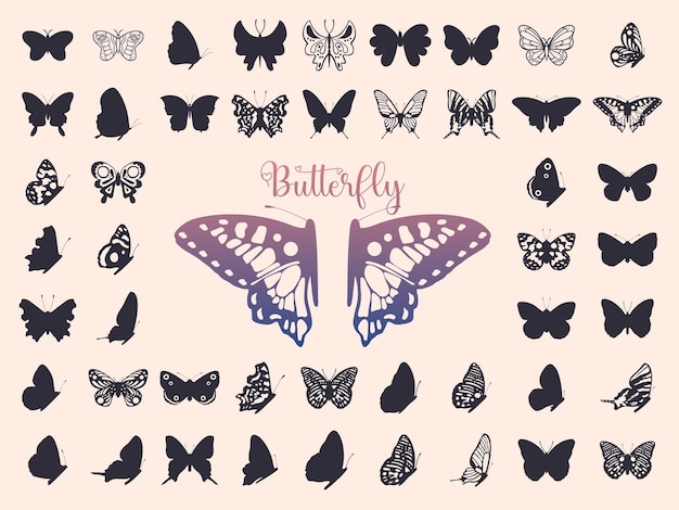 Conjunto de silueta de mariposa Ilustración monocromática vectorial Elementos de diseño decorativo