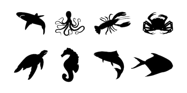 Conjunto de silueta negra de animales marinos e ilustración vectorial de peces marinos con langosta tiburón salmón