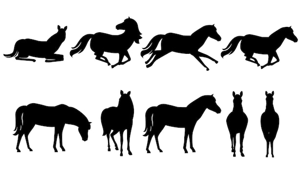 Vector conjunto de silueta negra de caballo marrón diseño de dibujos animados de animales domésticos o salvajes ilustración vectorial plana