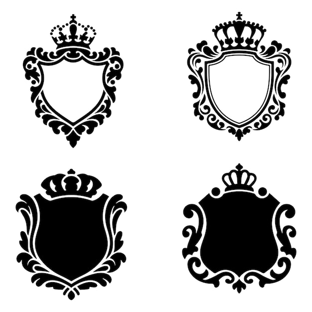 Conjunto de silueta negra de emblema real vintage con escudo y corona