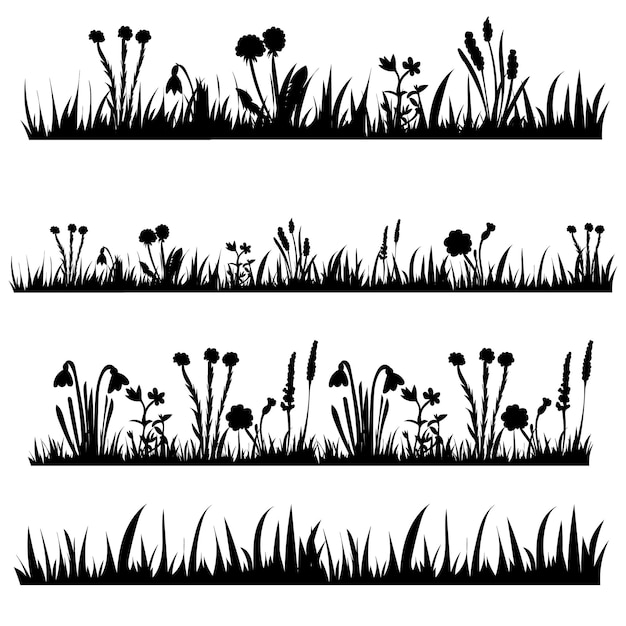 Conjunto de silueta negra de hierba y flor aislada vectorial