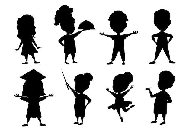 Vector conjunto de silueta negra de niños y niñas con disfraces de profesiones vector de personaje de dibujos animados