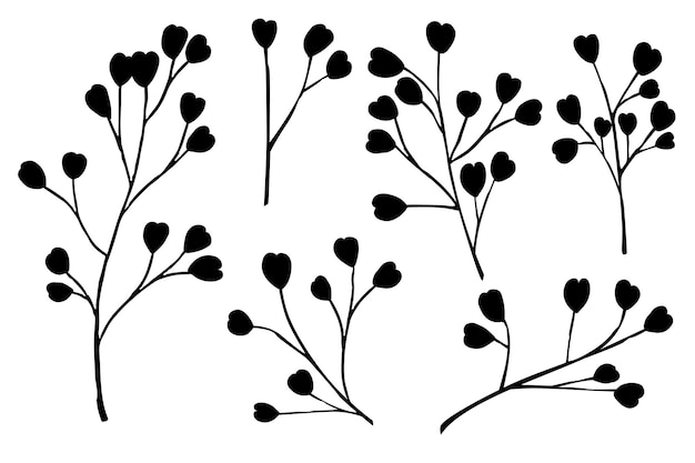 Conjunto de silueta negra de ramas de árboles dibujados a mano con hojas flores botánicas floral dibujado a mano ilustración de vector plano de elemento de diseño de arte de estilo escandinavo.