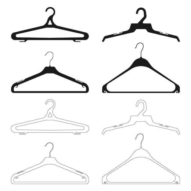 Conjunto de silueta negra de suspensión de ropa aislado sobre un fondo blanco.