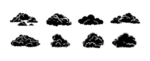 Conjunto de silueta de nubes aisladas sobre fondo blanco Colección de nubes de cielo meteorológico gráfico Ilustración vectorial