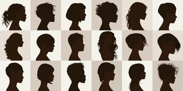 Conjunto de silueta de perfil negro de grupo con corte de pelo femenino Colección cara retrato anónimo mujeres