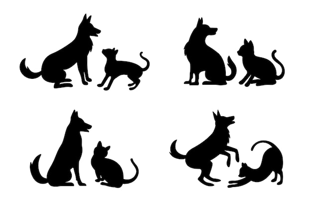 Vector conjunto de silueta de perro y gato de diseño plano