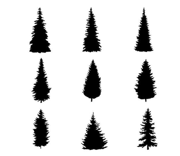 conjunto, de, silueta, de, pino, forma, de, árbol de navidad, aislado, blanco, plano de fondo