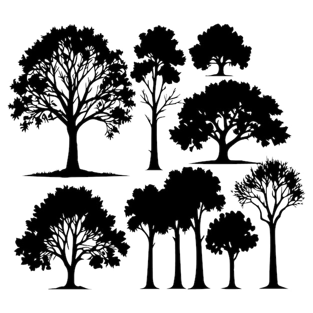 Conjunto de silueta de planta y árbol.