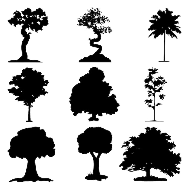 Vector conjunto de silueta de planta y árbol