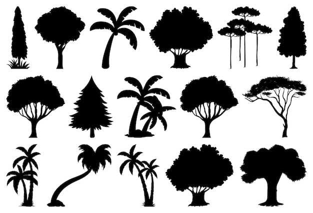 Vector conjunto de silueta de plantas y árboles