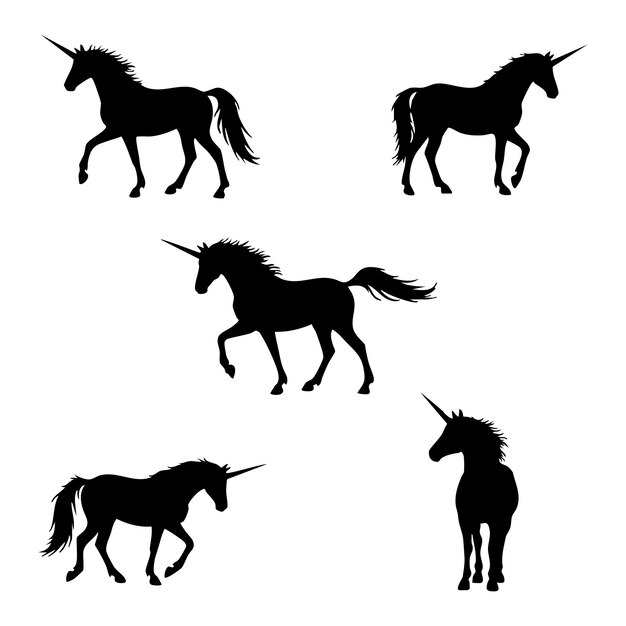 Conjunto de silueta de unicornio sobre fondo blanco
