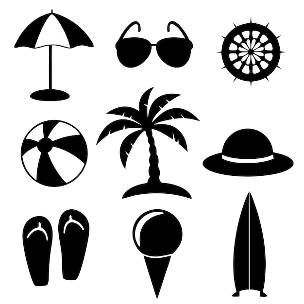 Conjunto de silueta de verano elementos de dibujos animados estilo plano
