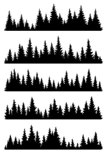 Vector conjunto de siluetas de abetos, abetos de coníferas, patrones de fondo horizontales, bosques de hoja perenne negros, ilustración vectorial, hermosos panoramas dibujados a mano de bosques de coniferas