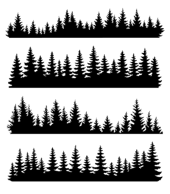 Conjunto de siluetas de abetos bosque de coníferas o abetos patrones de fondo horizontal bosques de pino negro ilustración vectorial hermosos panoramas de coníferas dibujados a mano