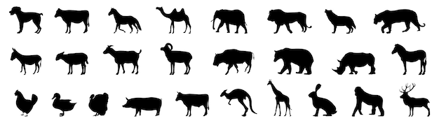 Conjunto de siluetas de animales de granja y animales silvestres
