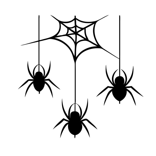Conjunto de siluetas de araña colgando de una telaraña Ilustraciones vectoriales