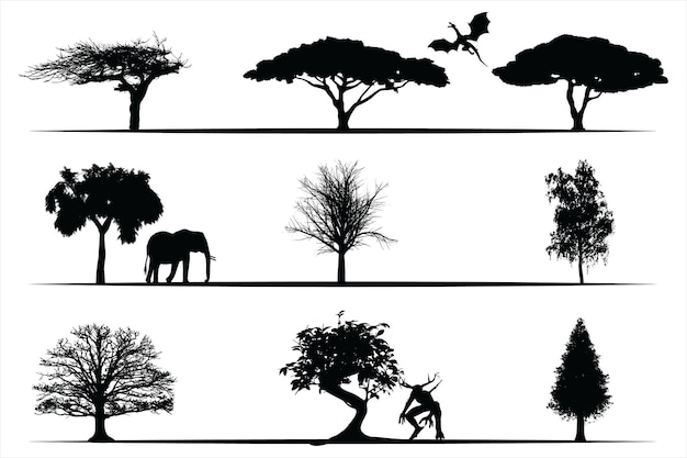 Vector conjunto de siluetas de árboles, árboles antiguos y siluetas de bosque colección en estilo monocromo aislado