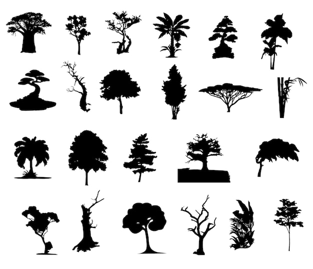 Conjunto de siluetas de árboles y hojas Ilustración vectorial