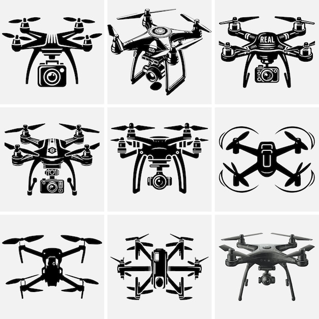 Conjunto de siluetas de arte vectorial de cámaras de drones