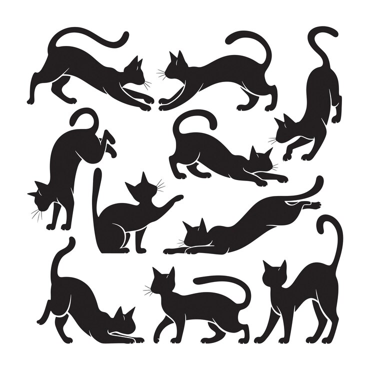 conjunto de siluetas de arte vectorial de gatos sobre un fondo blanco
