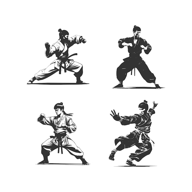 conjunto de siluetas de artes marciales Kung Fu con diferentes posturas de acción aisladas sobre un fondo blanco