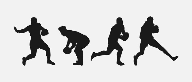 conjunto de siluetas de atletas masculinos de rugby con diferentes ilustraciones vectoriales de gestos de postura