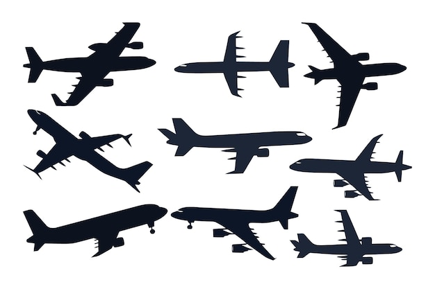 Conjunto de siluetas de aviones planos