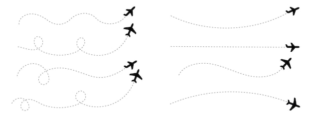Conjunto de siluetas de aviones con rutas de vuelo punteadas que representan rutas de viaje
