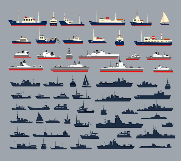 Conjunto de siluetas de barcos, formado por numerosos buques de guerra, buques de guerra, yates y cruceros, barcos y embarcaciones de recreo para un crucero.