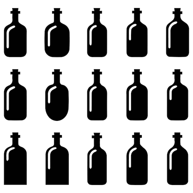 Conjunto de siluetas de botellas blancas y negras sobre un fondo blanco Ilustración vectorial