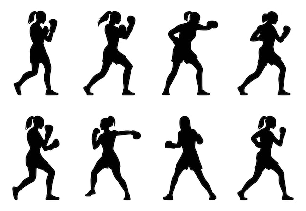 Conjunto de siluetas de boxeadoras en varias posturas de boxeo Ilustración vectorial