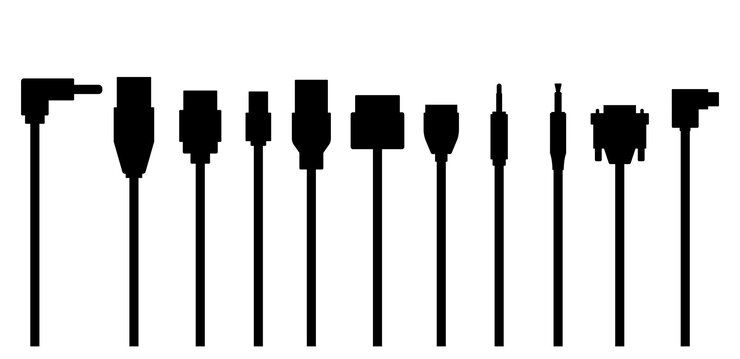 Vector conjunto de siluetas de cable conector de computadora usb e ilustración de vector de audio