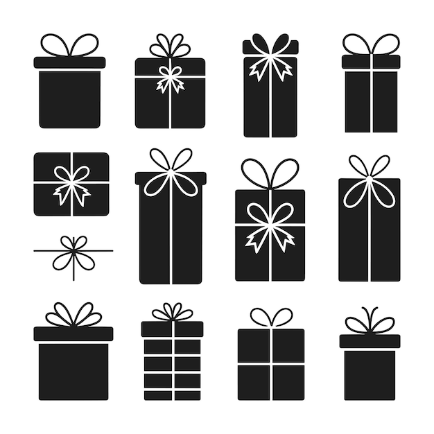 Conjunto de siluetas de cajas de regalos Ilustración vectorial Iconos de regalos con arcos para diseños de Navidad y eventos