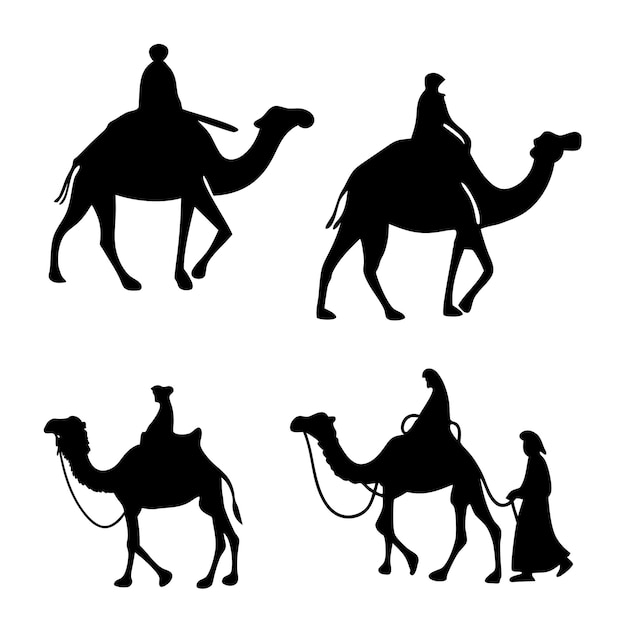 Conjunto de siluetas de camellos negros en ilustración de fondo blanco