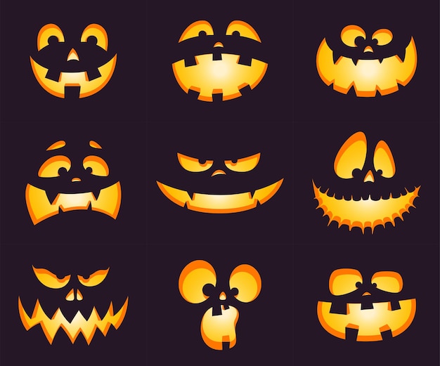 Un conjunto de siluetas de caras en halloween iluminadas desde el medio sonrisas divertidas y aterradoras para calabazas y fantasmas ilustración vectorial