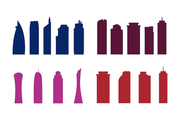 Vector conjunto de siluetas de la ciudad en diferentes colores